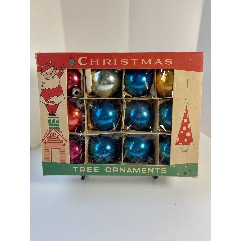 Vintage Fantasia Brand Poland Blue  2” Glass Christmas Tree Ornaments Box of 12